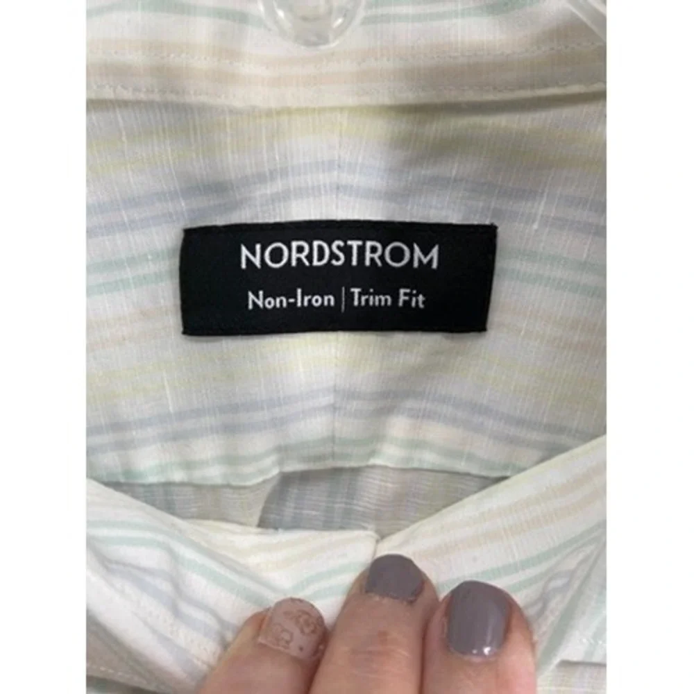 Nordstrom Shirts Mens 18 34 35 Trim Fit Non-Iron Striped Button Down Linen Blend